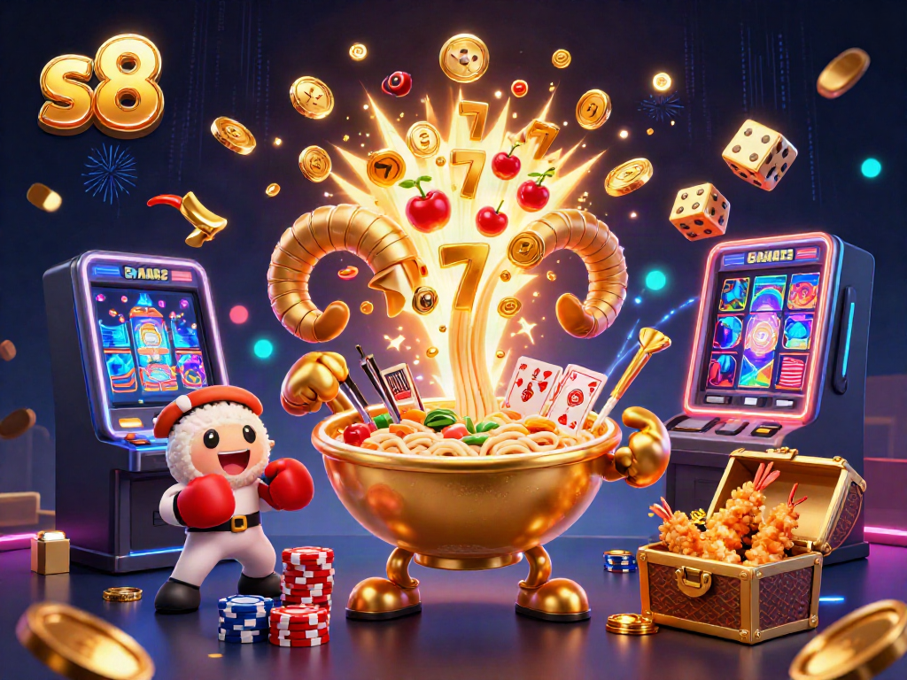 Experience the vibrant thrills of S8 with a dynamic casino scene featuring colorful characters and immersive game elements.