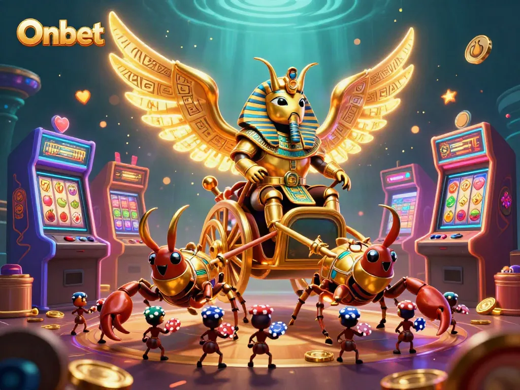 Experience thrilling gameplay at Onbet with vibrant casino characters amidst spinning slot machines.