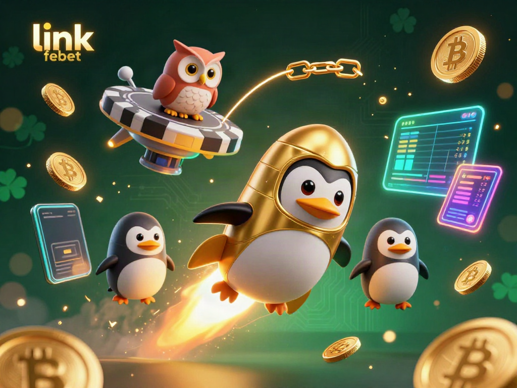 Experience the excitement of link febet in a vibrant casino-themed 3D scene with animated characters and floating crypto elements.