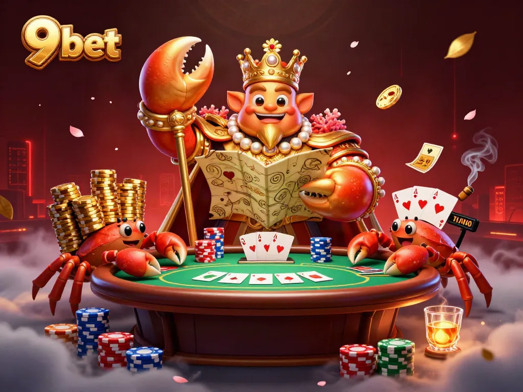 Engage in thrilling 9 bet gameplay with a golden crab emperor amid poker action and vibrant casino atmosphere.