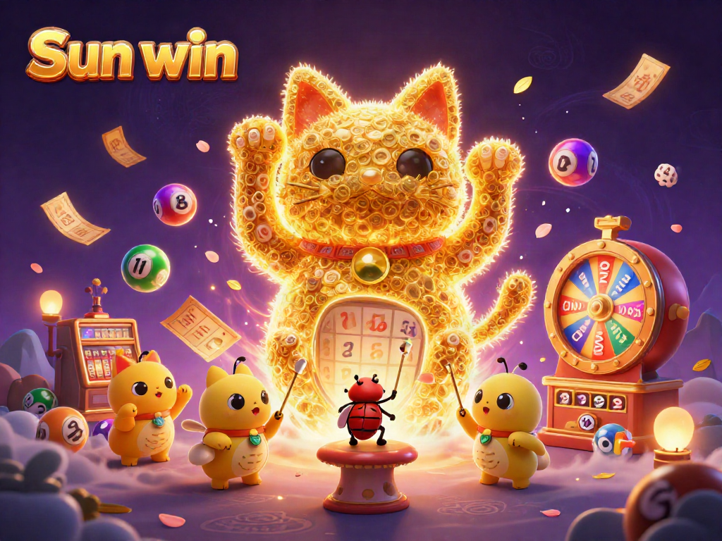 Enhance your winning strategies at Sun win with engaging illustrations of the lucky cat and casino elements.
