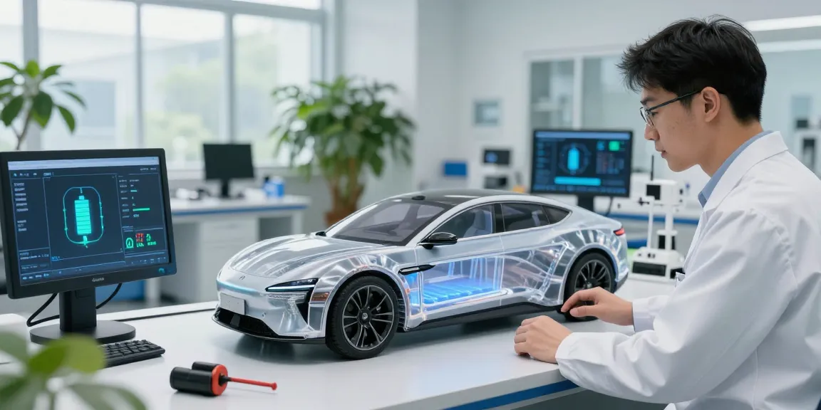 Engineer examining electric vehicle technology prototype with transparent battery, showcasing innovative automotive development.