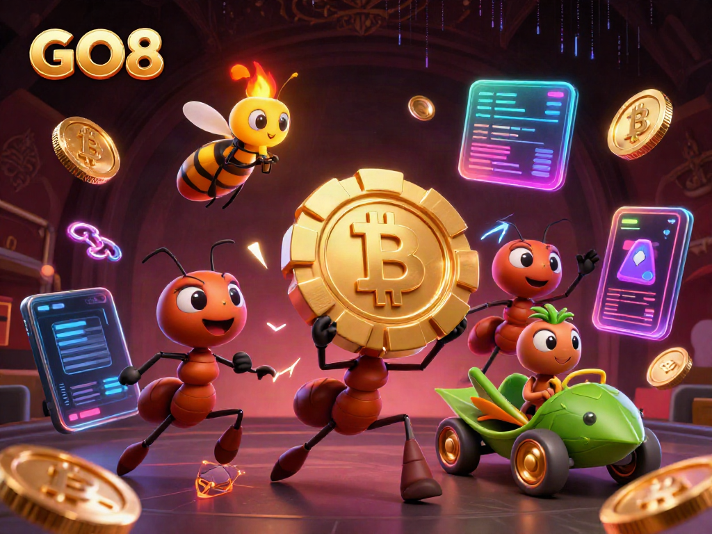GO8 team of ants on a heist with golden poker chip amidst crypto elements in a vibrant casino scene