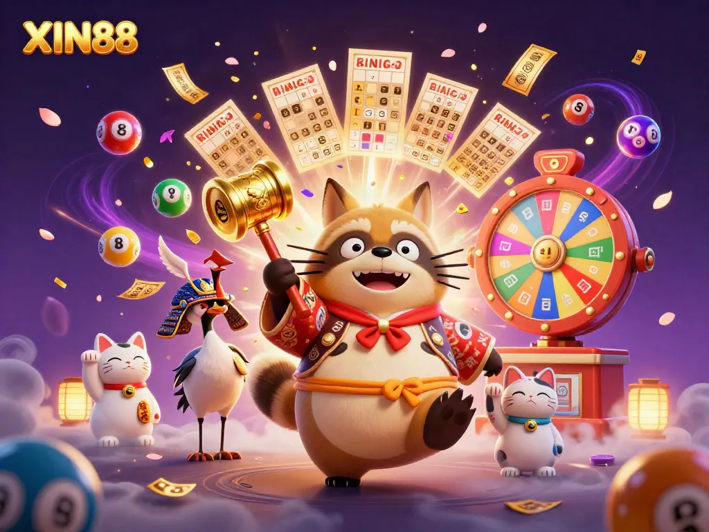 XIN88 fortune scene featuring cheerful tanuki, crane, and maneki-neko surrounded by vibrant lottery elements.