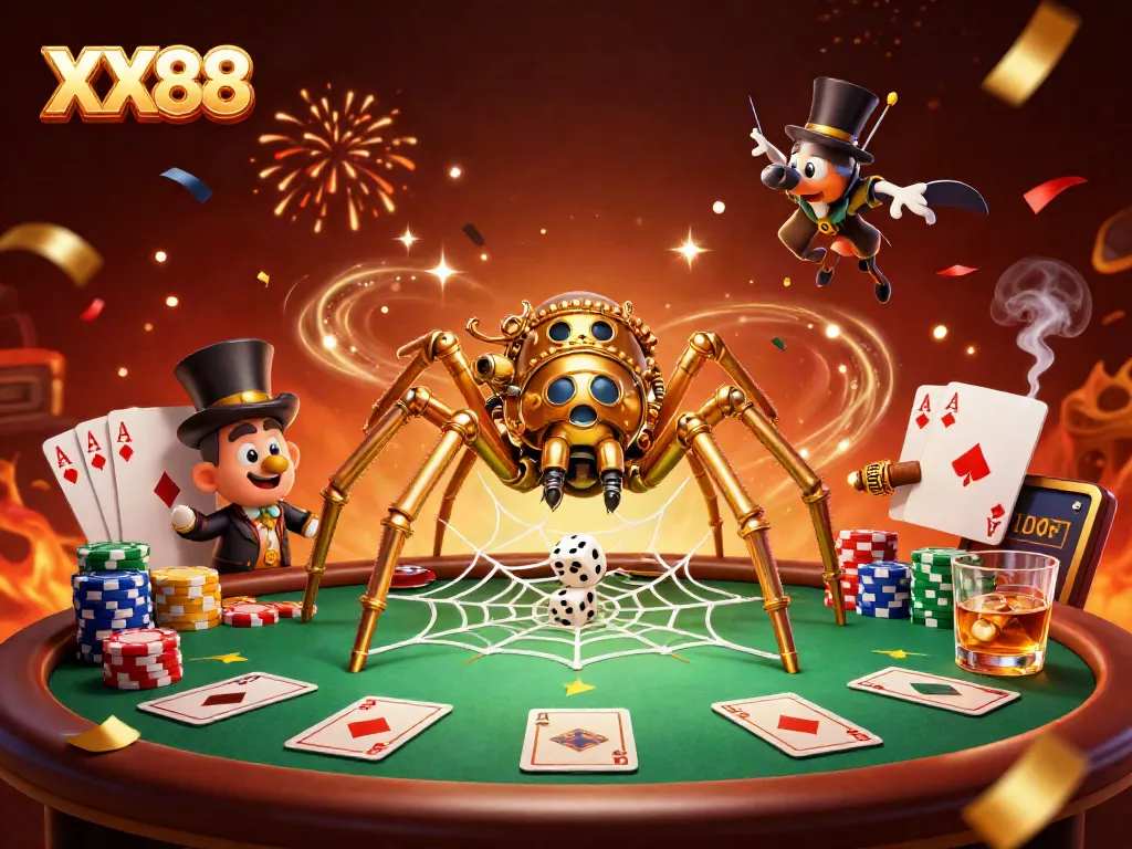 Experience thrilling gameplay at XX88 with a steampunk spider weaving a web from poker chips and dice.