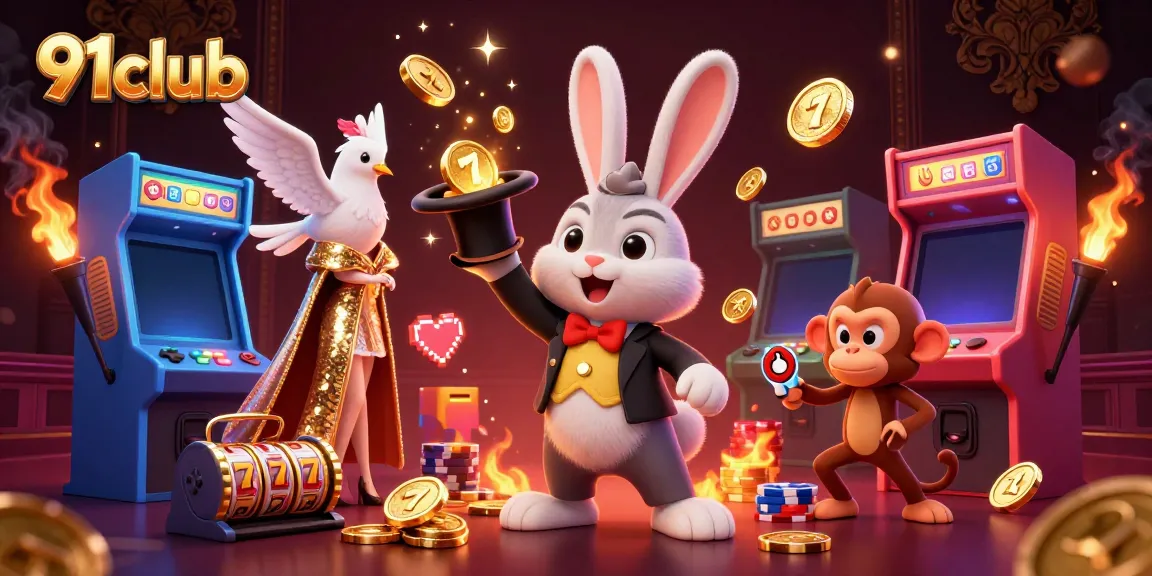 91club features an enchanting scene with a magician rabbit pulling coins, dove, and monkey amidst slot machine elements.