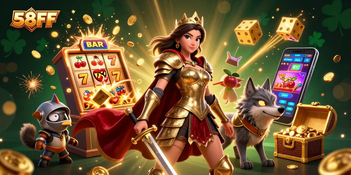 Experience thrilling 58FF action with a warrior queen and glowing wolf in an exciting casino scene.