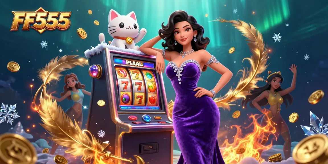 Spin the slot machine and win big with FF555, featuring a glamorous character and fortune cat.