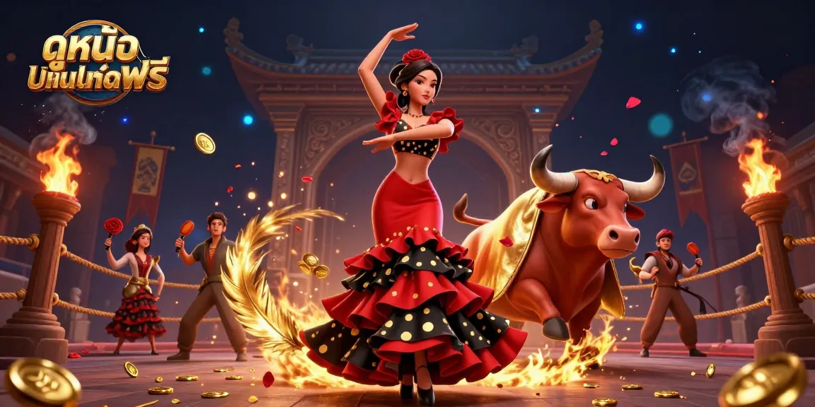 Engage with ดูหนังออนไลน์ฟรี showcasing a stunning woman in a flamenco dress in a dynamic casino scene.