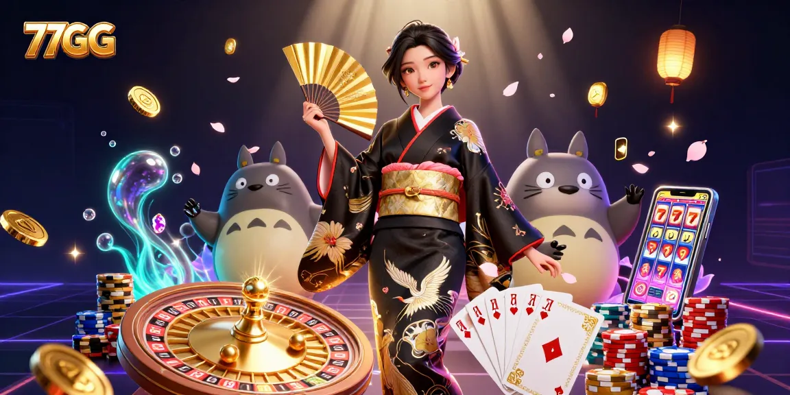 Experience the thrill of betting at 77GG with a vibrant scene of a kimono-clad character amidst a whirlwind of casino elements.