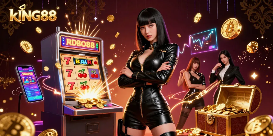 Engage with thrilling slots at kING88, featuring stunning characters amidst dynamic casino elements and vibrant visuals.