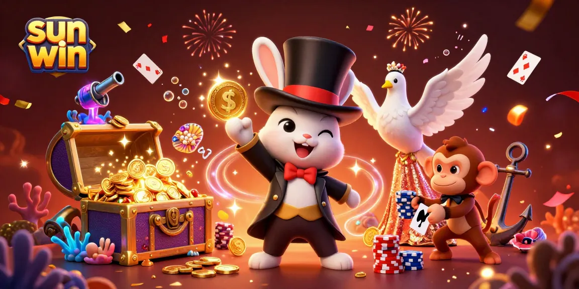Experience the sun win magic with a whimsical scene of a magician rabbit and dove amid exciting casino elements.