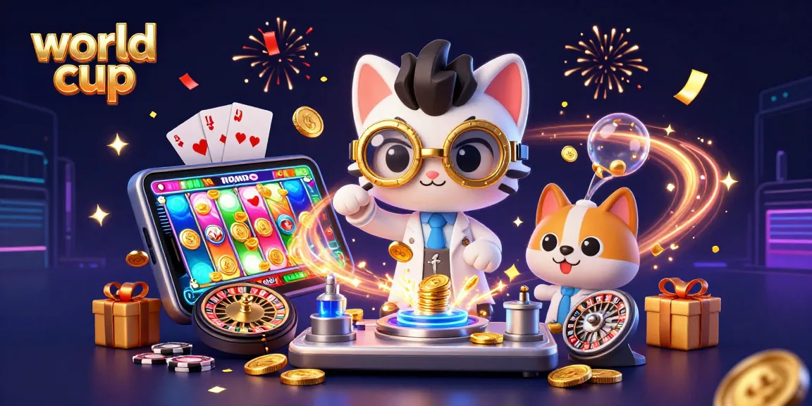 World Cup-themed slot game scene with a mad scientist cat and assistant dog creating excitement.