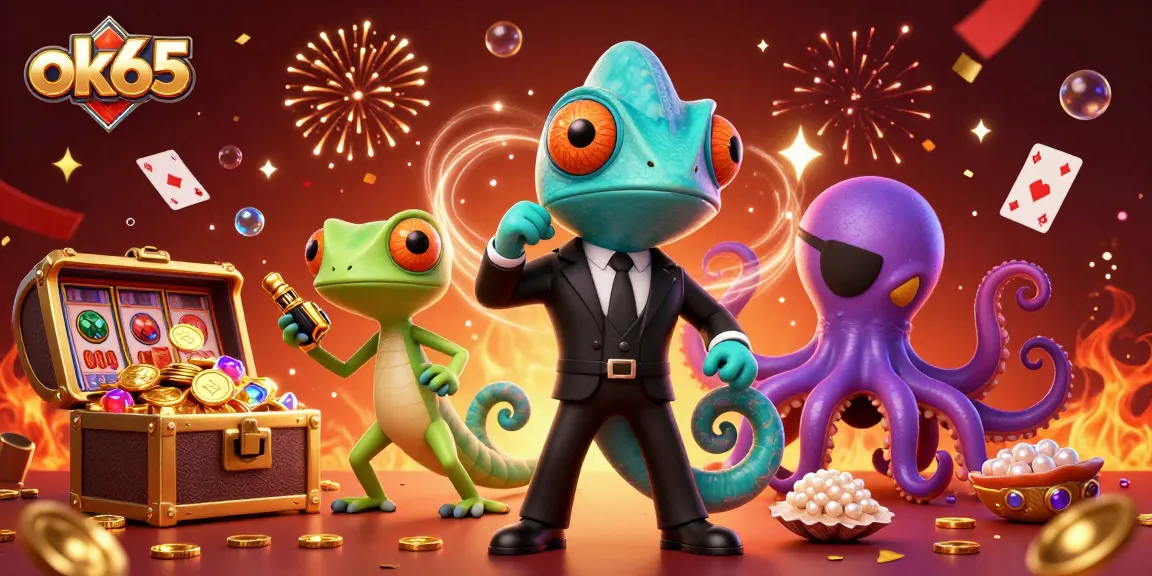 Experience the excitement of ok65 in this vibrant 3D casino scene filled with lively characters and game elements.
