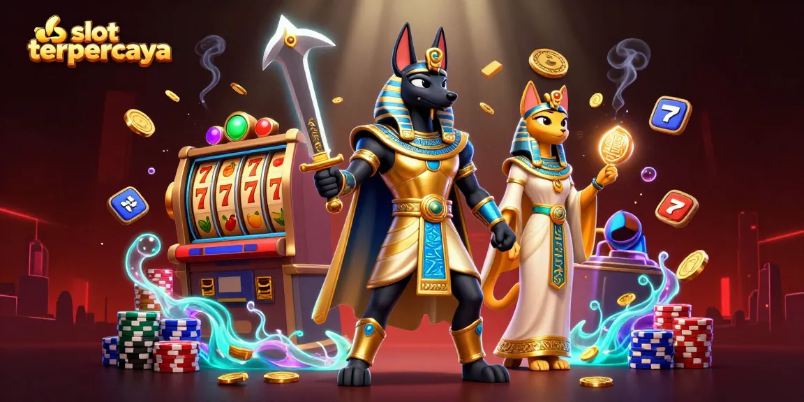 Experience slot terpercaya with Anubis and Bastet amidst vibrant slot reels and dynamic gaming elements
