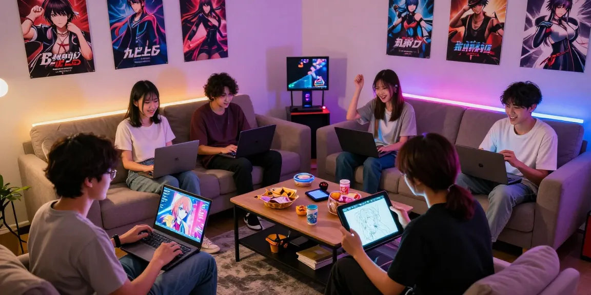Group enjoying a hentai game online together in a cozy living room, showcasing interaction and fun.