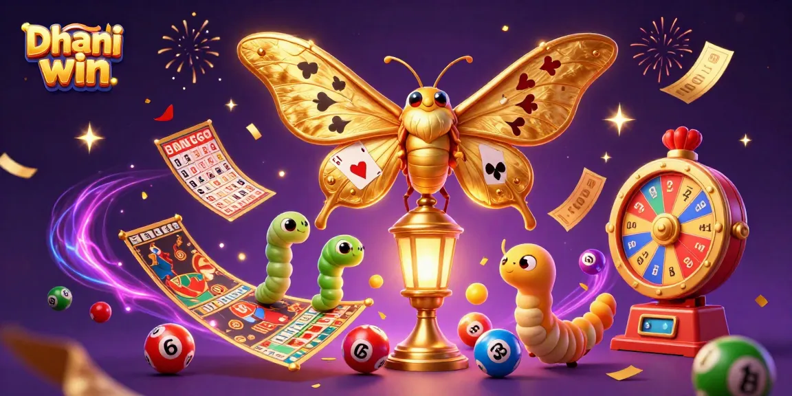 Dhani win gameplay scene with vibrant lottery balls, prizes, and a golden atlas moth, celebrating casino fun.