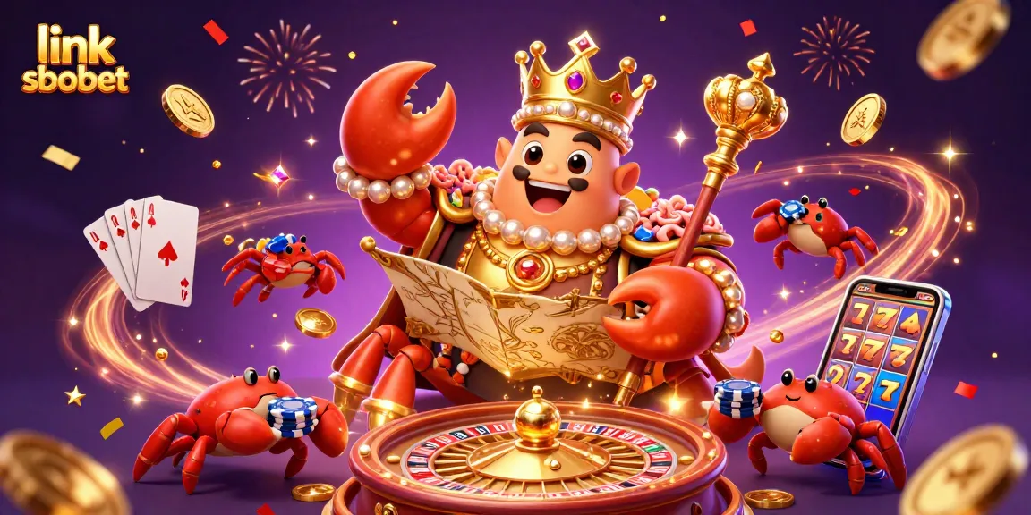 Engage with exciting bets at link sbobet with a vibrant 3D crab emperor surrounded by casino elements.