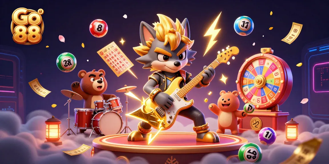 Go 88 casino stage features a rocking wolf and bear, capturing vibrant gaming excitement.
