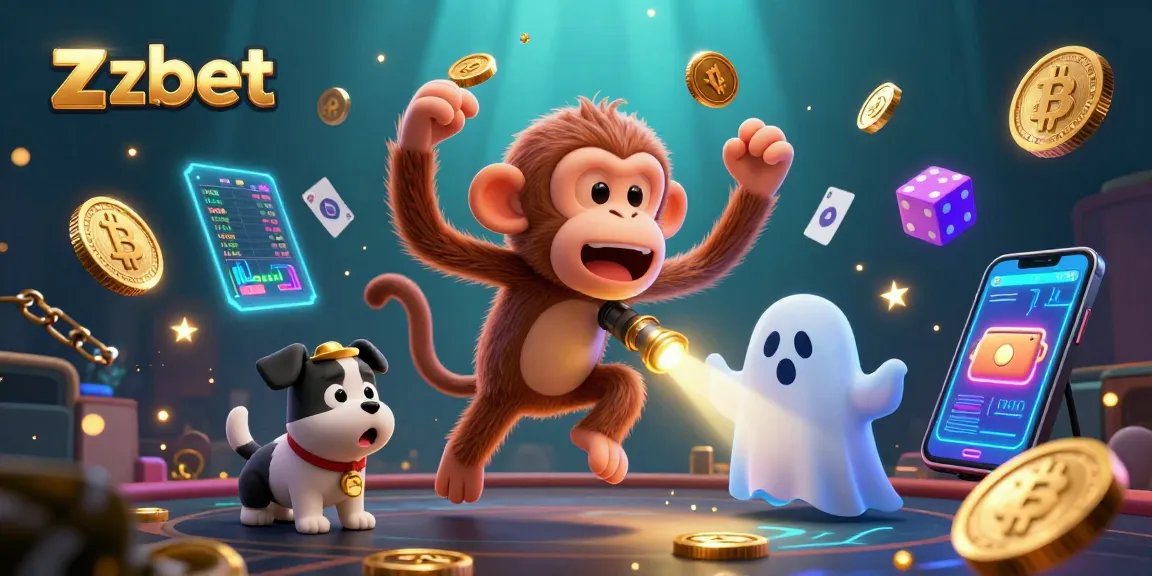 Engage with the zbet gambling experience featuring a playful monkey and ghost-hunting puppy amid vibrant crypto elements.
