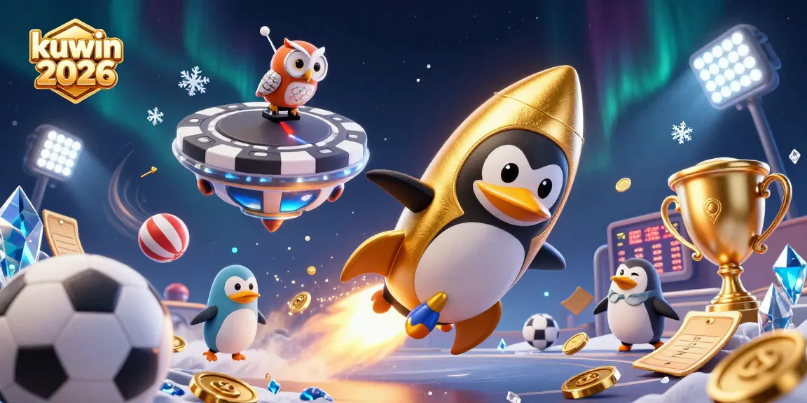 Experience kuwin 2026 with a golden penguin racing to a casino ship amidst flying sports elements.