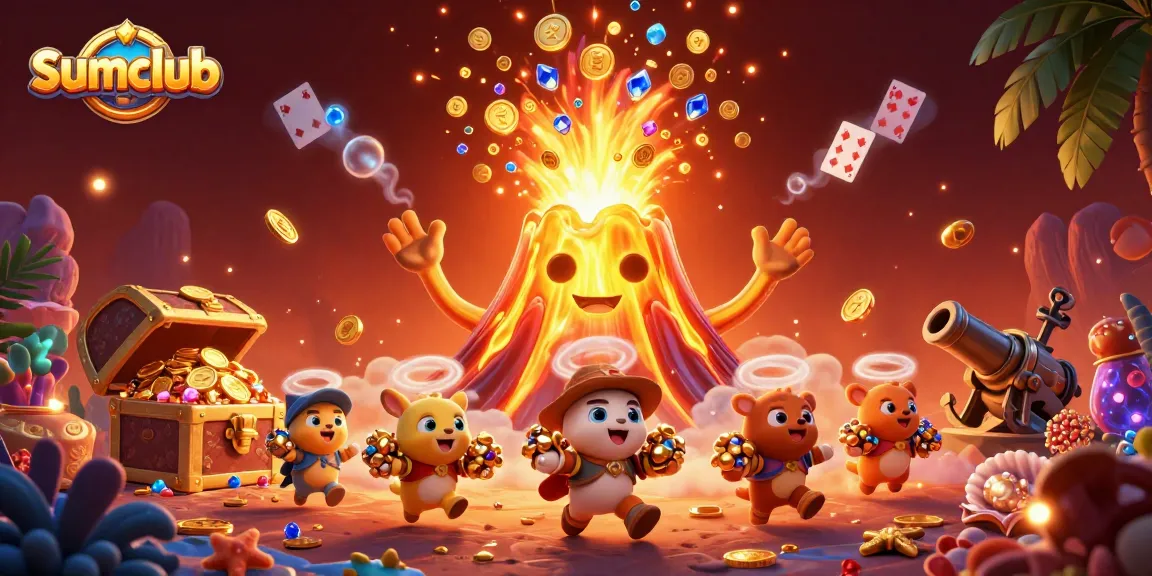 Experience thrilling gameplay with sumclub's exciting treasures and dynamic casino elements in this vibrant 3D illustration.