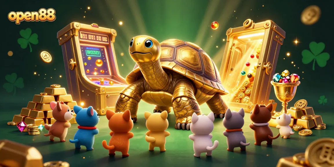 Engage with open88's thrilling gaming experience featuring a colossal golden tortoise pinball machine amidst treasures.