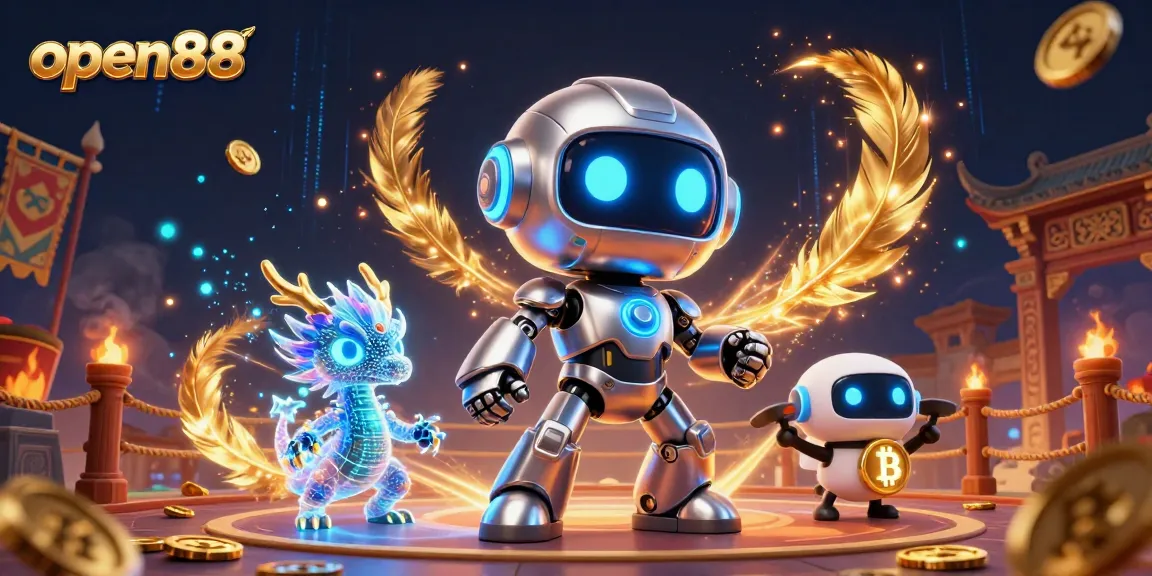 Join the exciting world of open88, where vibrant cyberpunk mascots interact with digital elements in an electrifying casino scene.