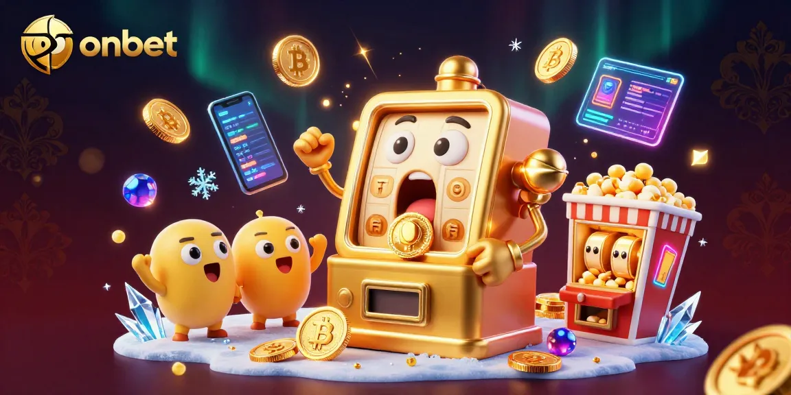 Onbet's golden slot machine celebrating a jackpot with crypto elements in an engaging casino scene.