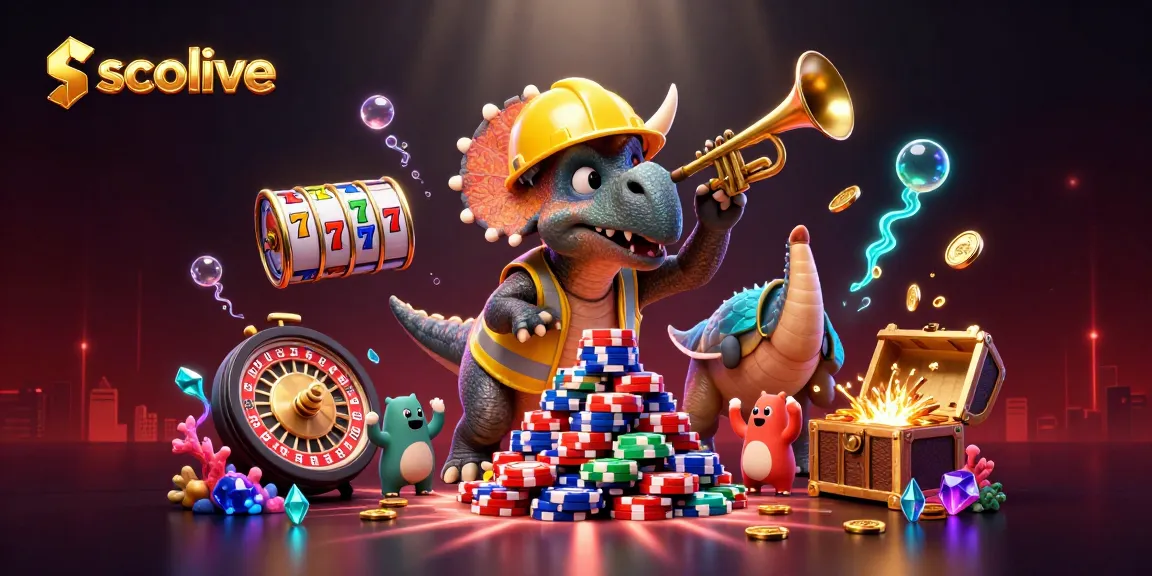 Socolive illustrated scene with a triceratops, parasaurolophus, and casino elements celebrating winnings.