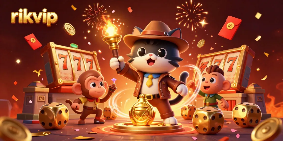 Engage with thrilling games at rikvip with a 3D digital illustration showcasing an explorer cat uncovering a golden casino artifact.