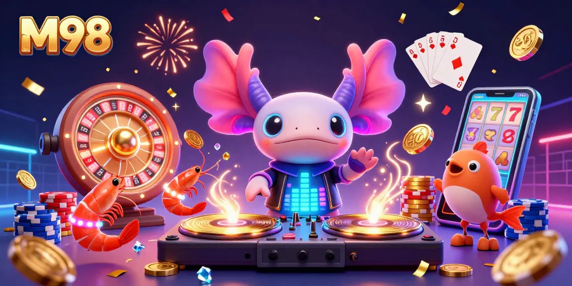 M98 casino scene with vibrant axolotl DJ, dancing shrimp, and golden coins, highlighting exciting gameplay.