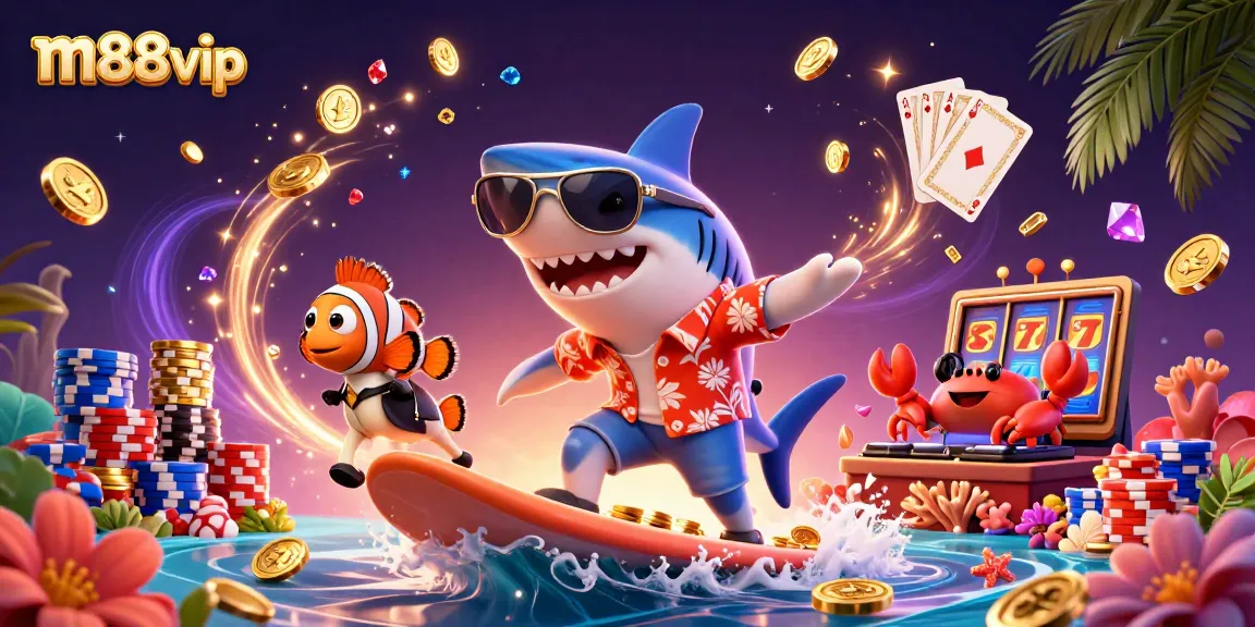 Surf and win at m88vip with a shark, seahorse, and crab DJ in a vibrant casino scene.